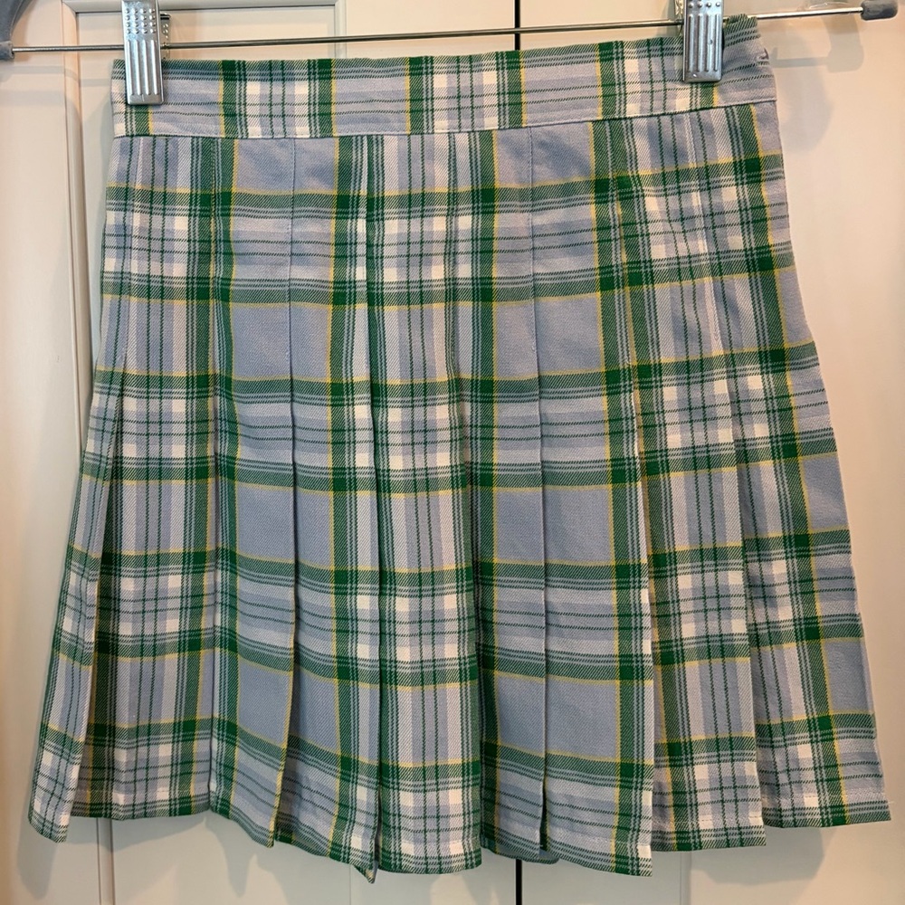 Aerie Class Act Pleated Plaid Mini Skirt, size XS in Monaco Blue
